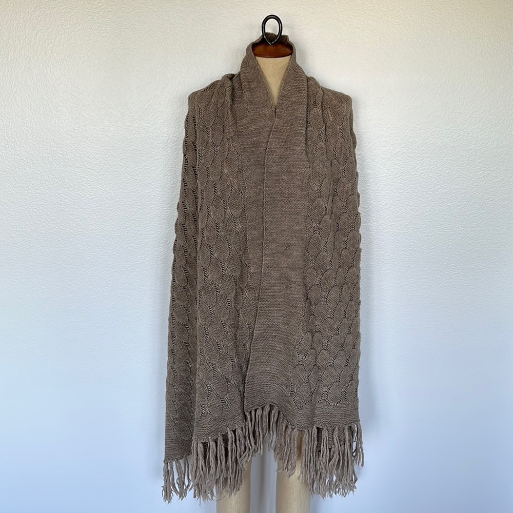 Knit Shawl Scarf with Fringe Brown